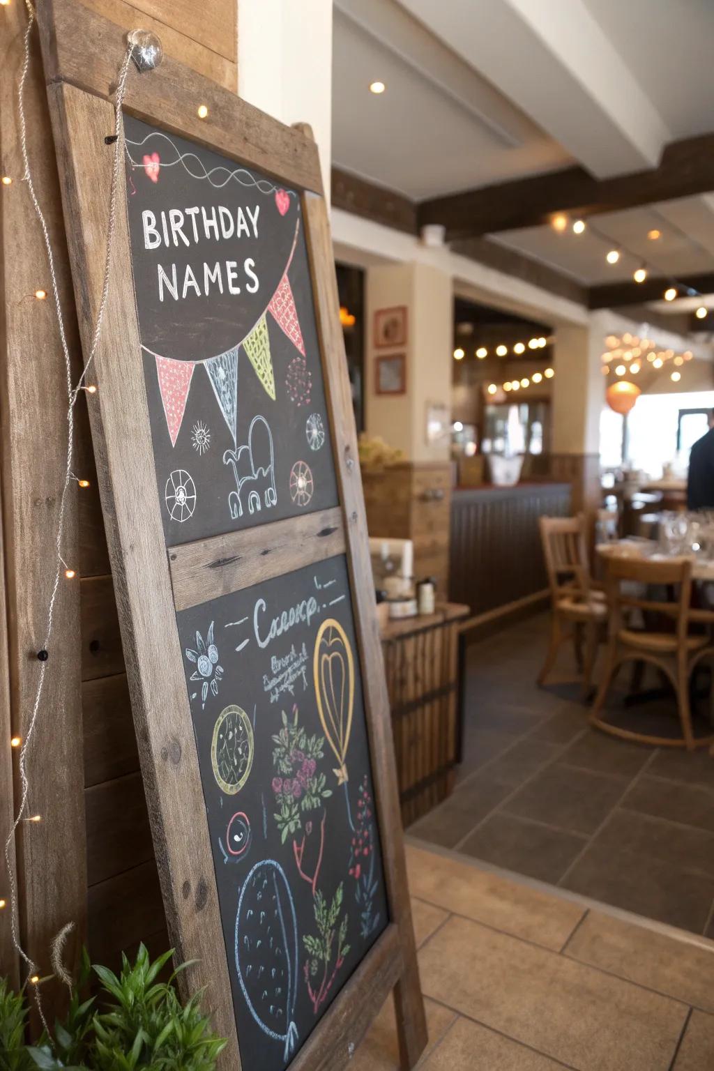 Slate panel-themed birthday board for rustic charm.