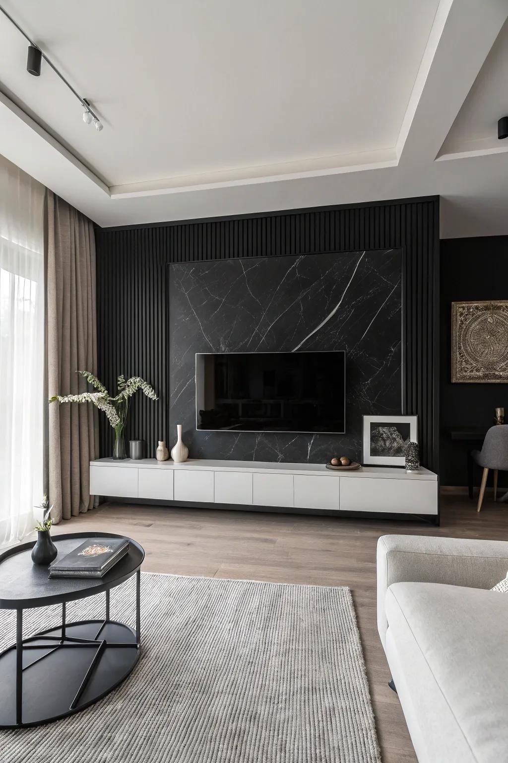 Monochrome decor delivers a sleek, modern contrast to a black accent wall.