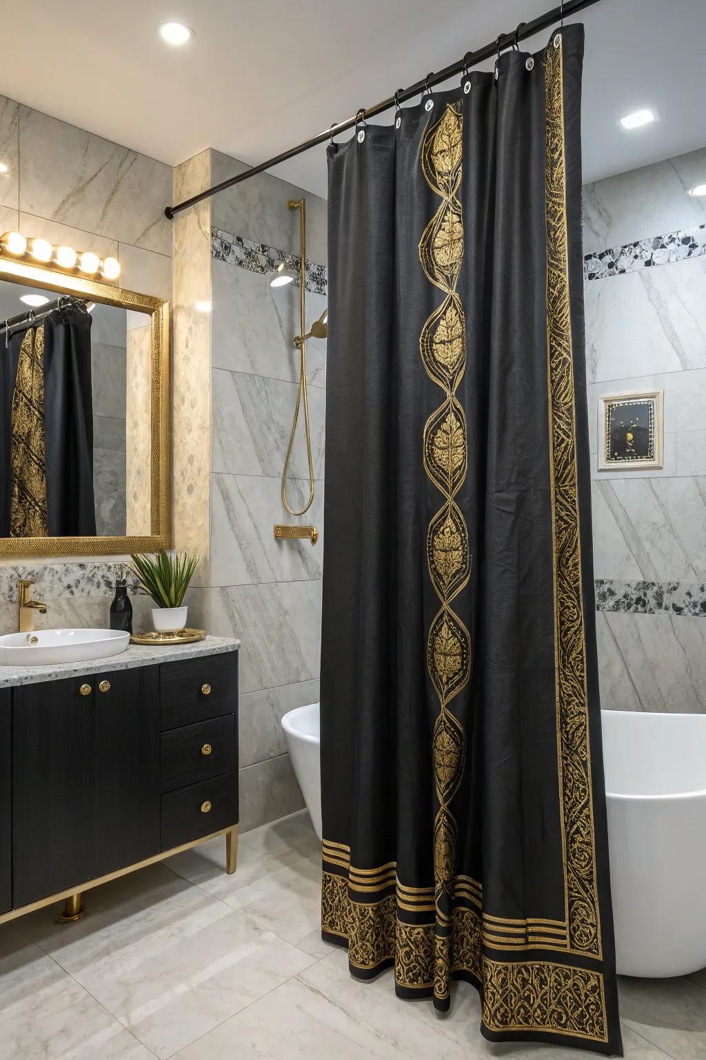 Black and gold shower curtains add flair and drama.