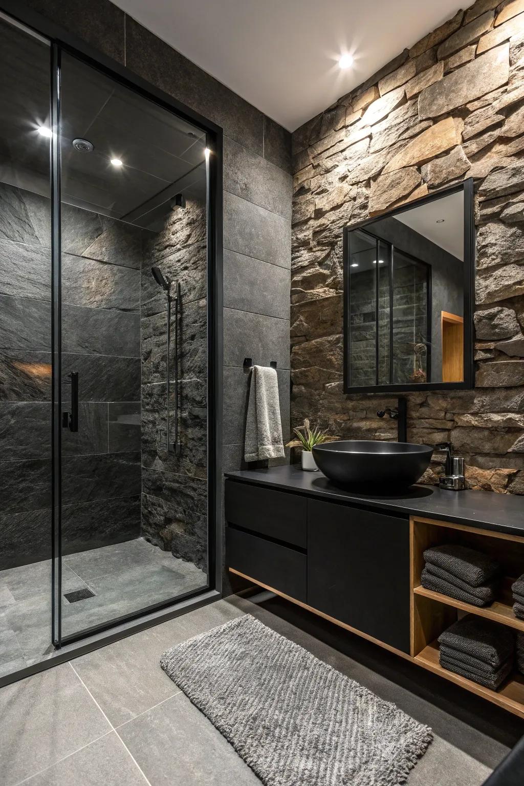 A bathroom creatively integrates mixed textures for added depth and visual interest.