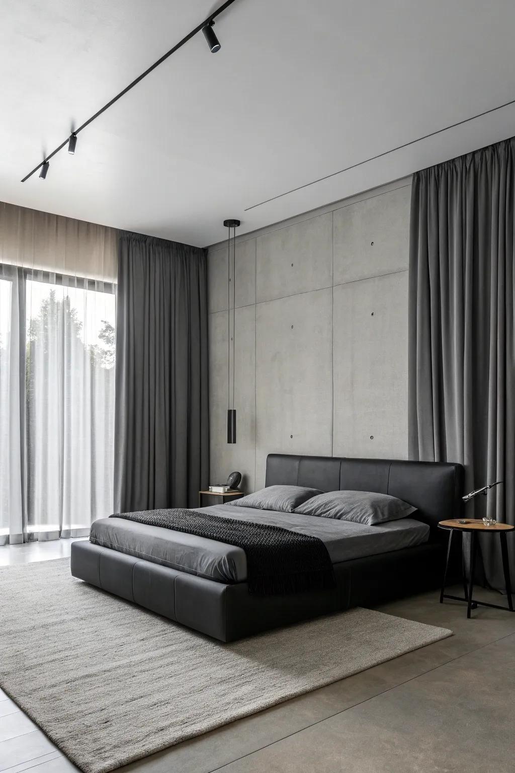 A simple onyx and gray bedroom with clear lines and basic shapes.