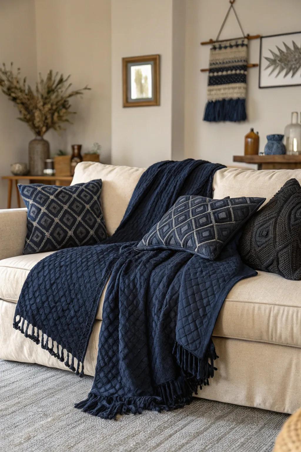Textural throws and cushions create an inviting atmosphere.