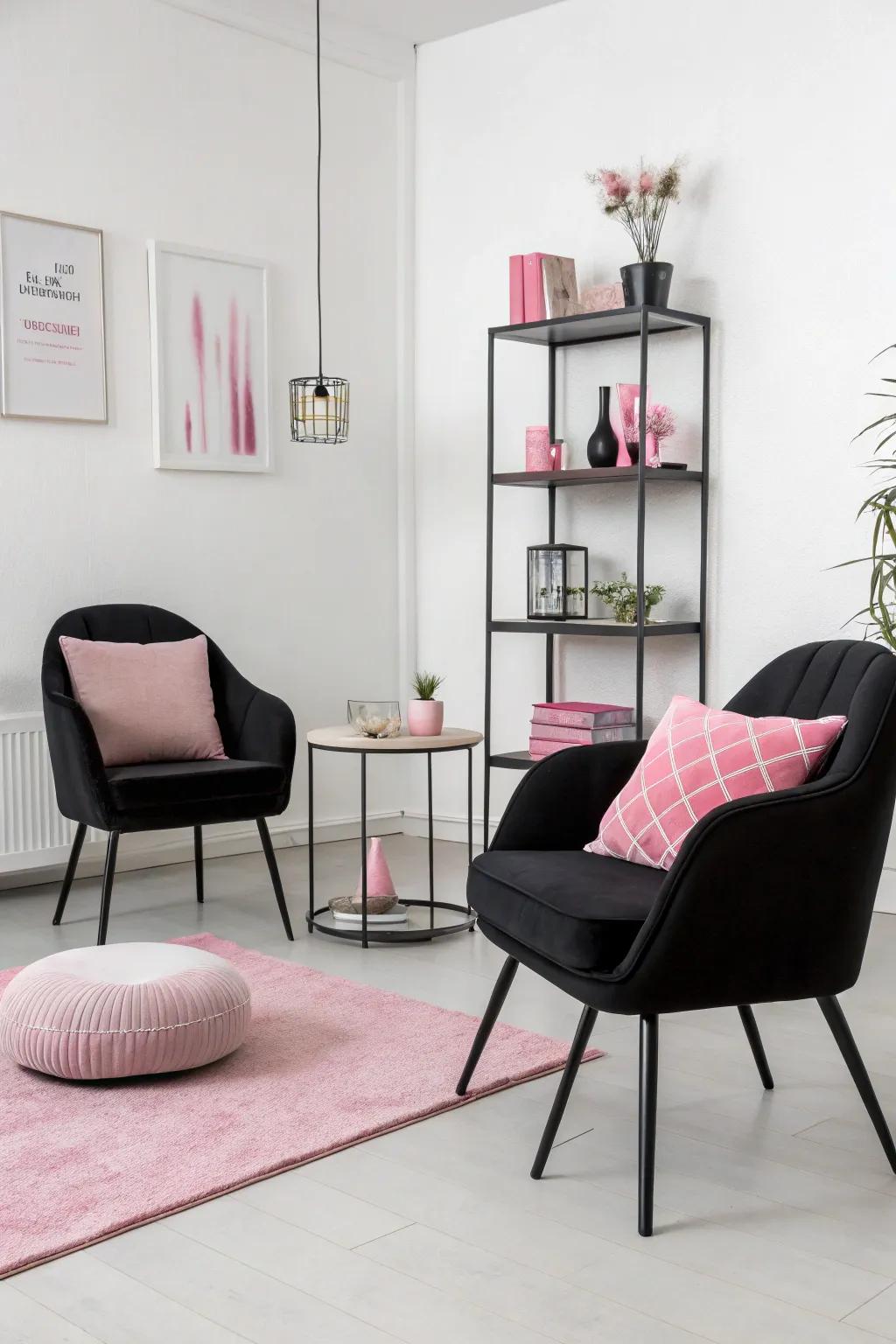 A minimalist design using black and pink creates a stylish space.