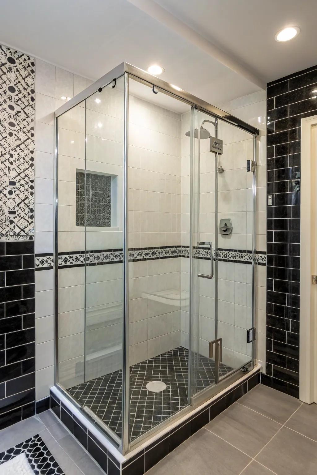 Transparent crystal panels highlight the sophisticated tile work.