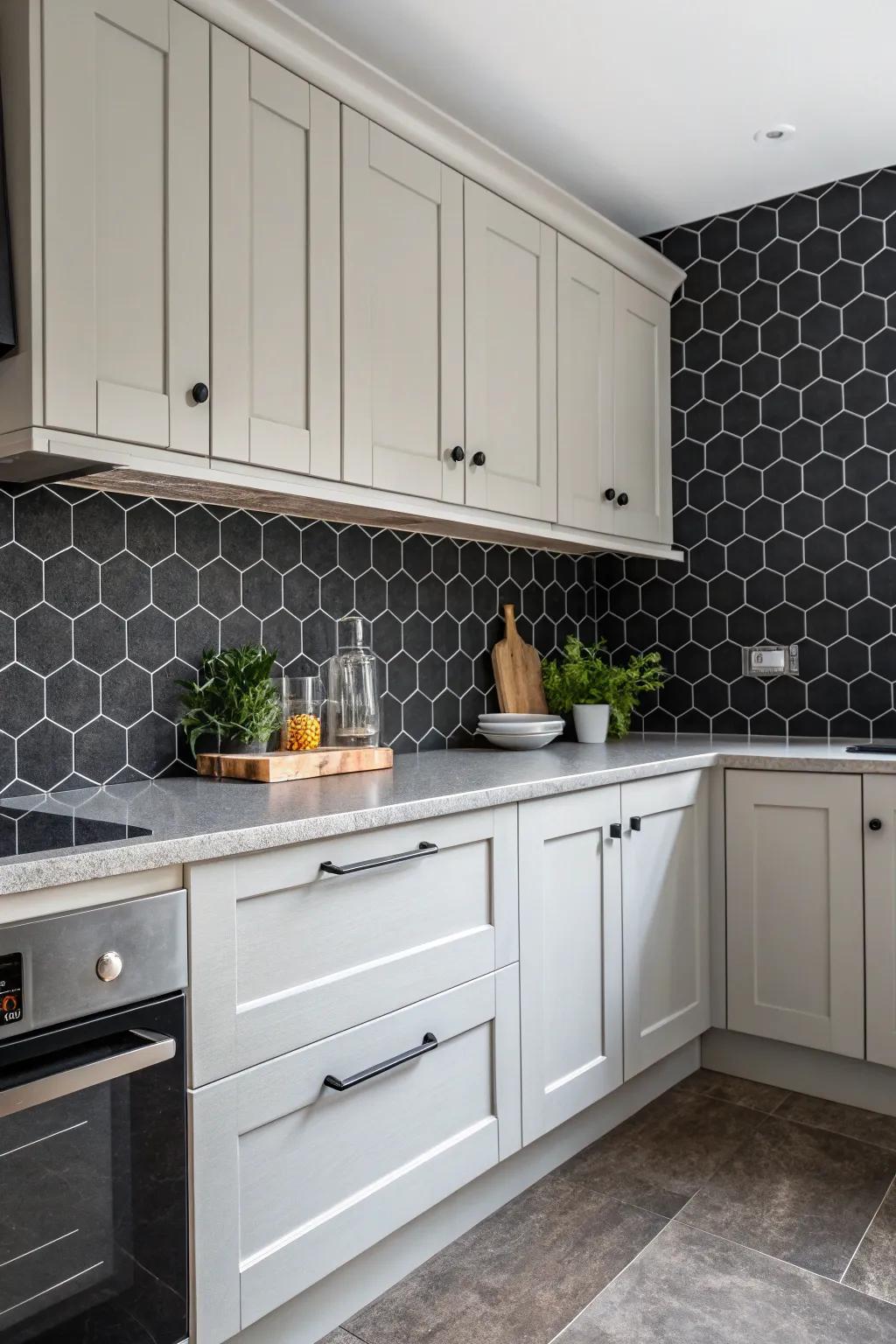 Sided panels bring a playful yet sophisticated touch to this cooking space's design.