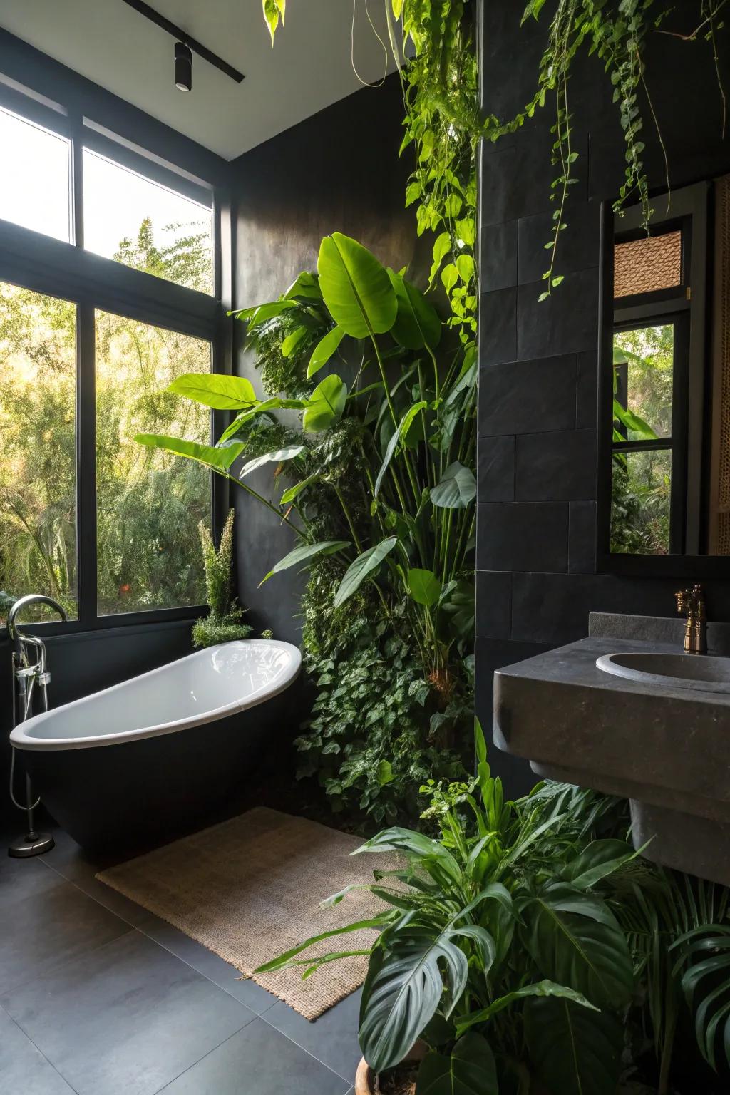 Greenery set against black backdrops engenders a stimulating and ecologically inspired ambiance.