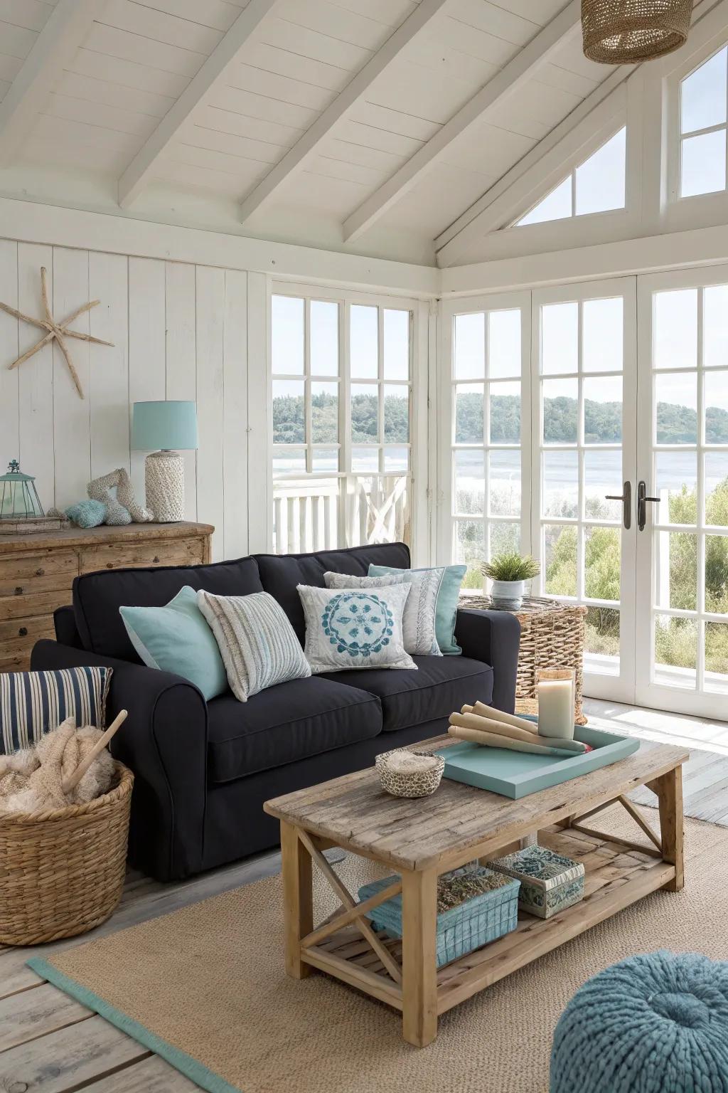 Coastal comfort features a dark sofa.