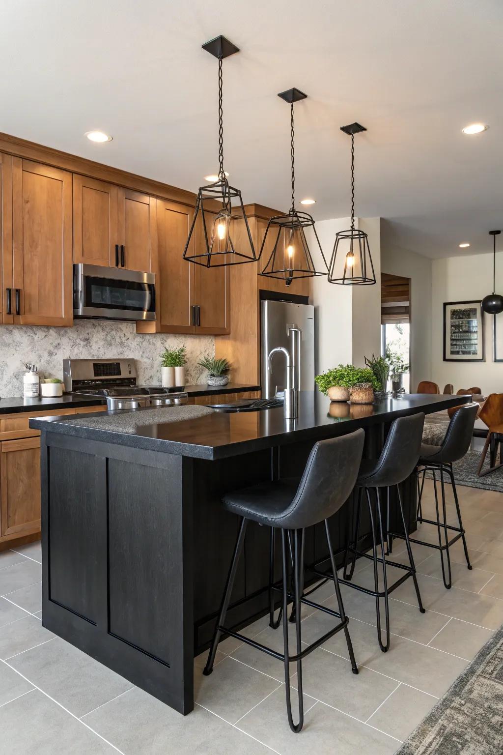 A food-prep island featuring dark countertops for visual impact.