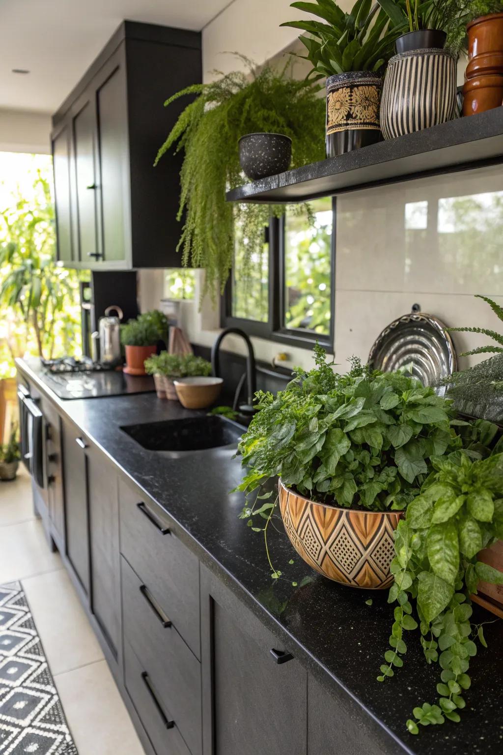 Verdure imparts vibrancy to ebony worktops.