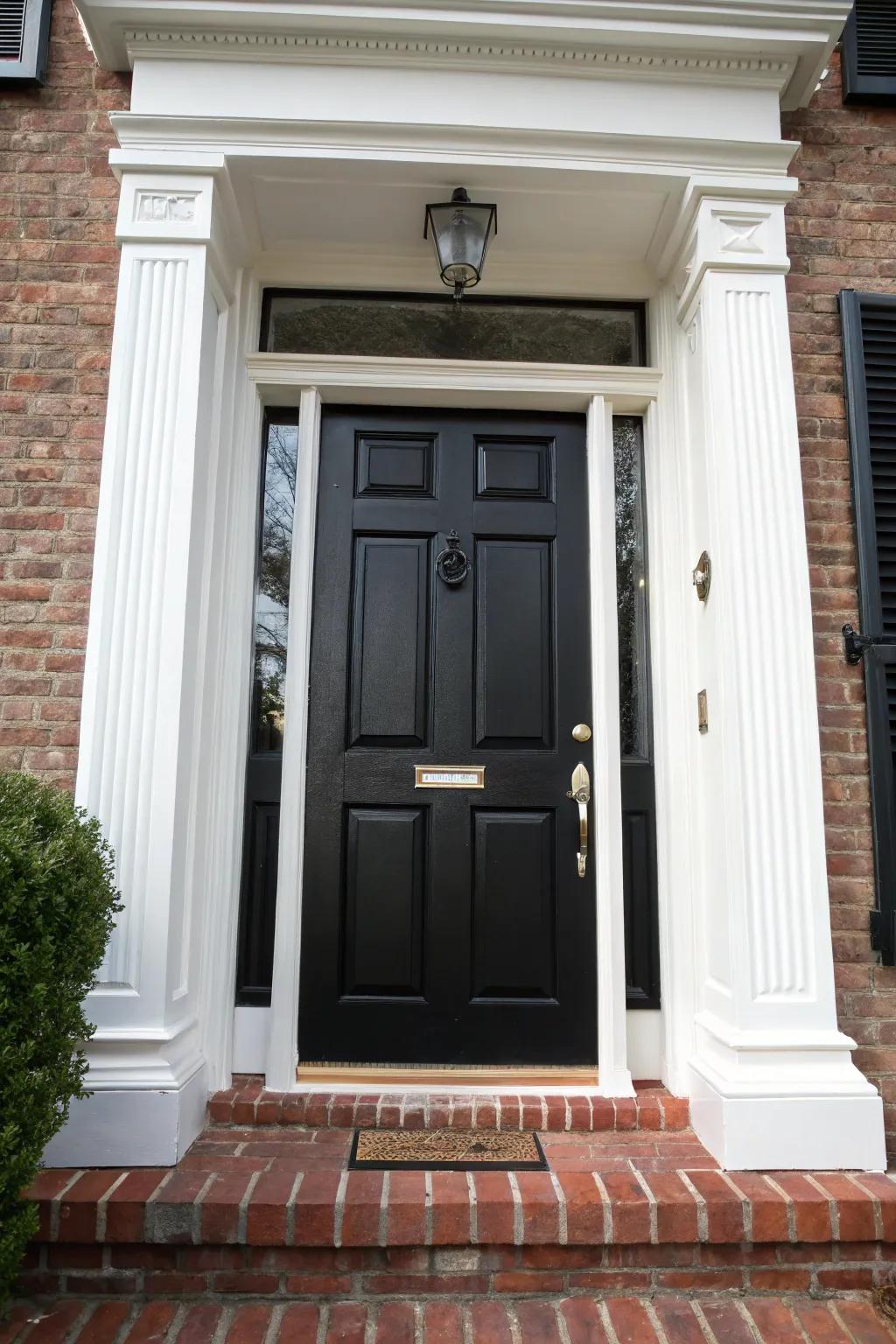 Wide brick detailing surrounding a black door introduces depth and sophistication.