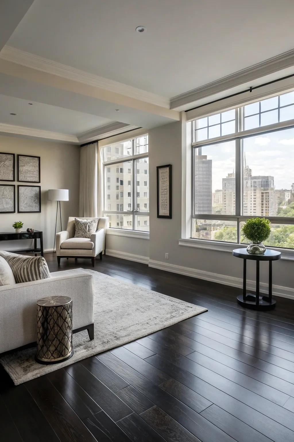 Contemporary space with sleek dark floors.