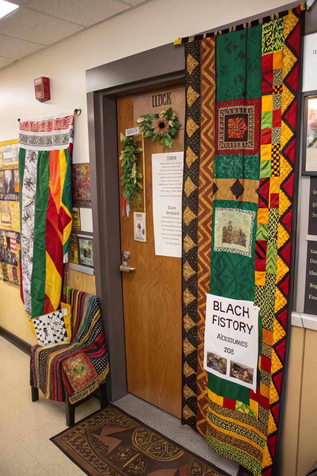 A door displaying artistic expression through textiles and materials.