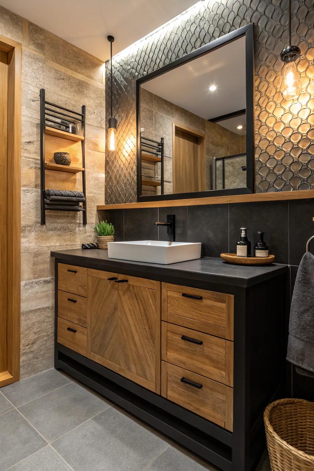 Wooden elements introduce warmth and a natural feel to a dark-toned vanity arrangement.