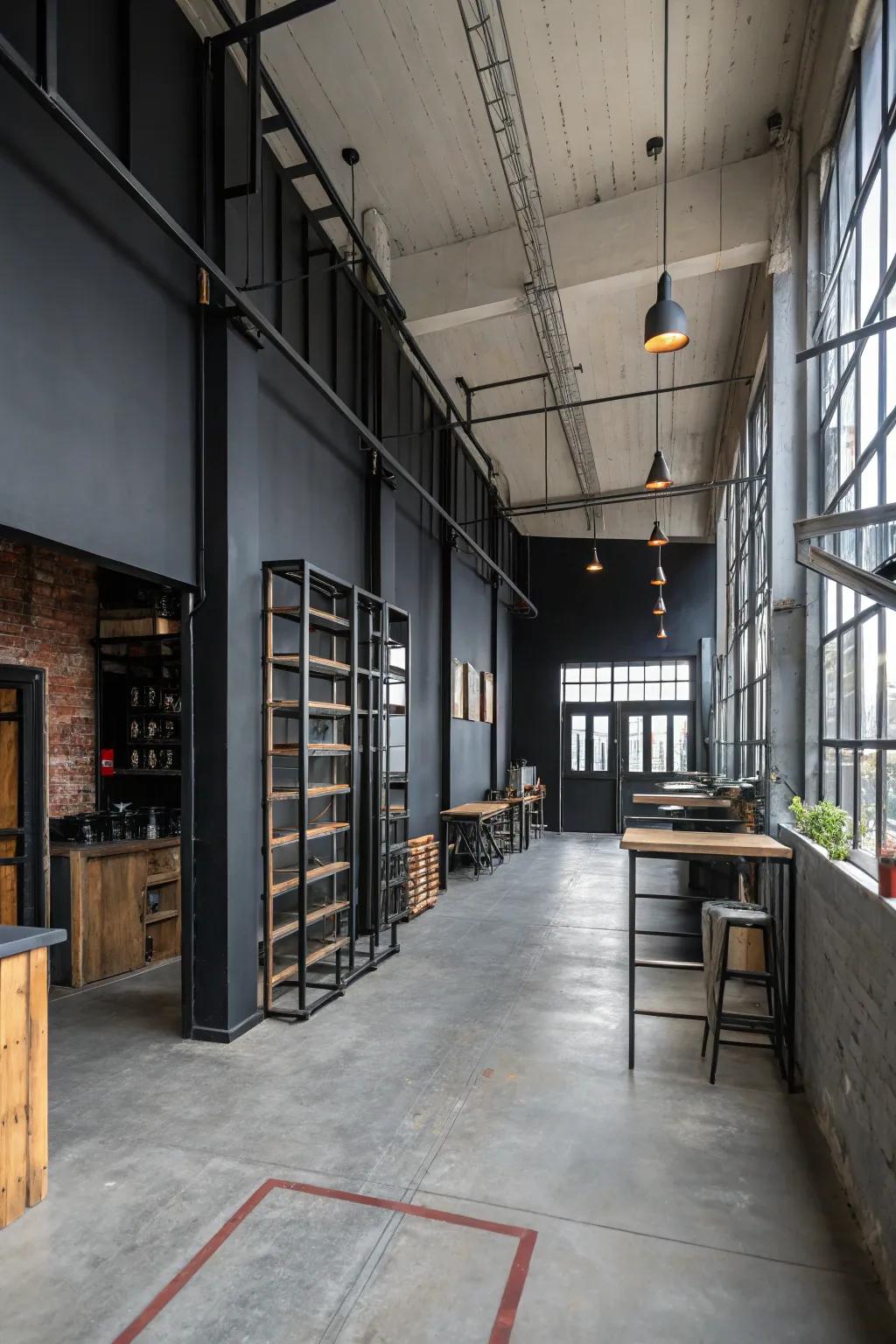 An urban-style room featuring a dark wall.