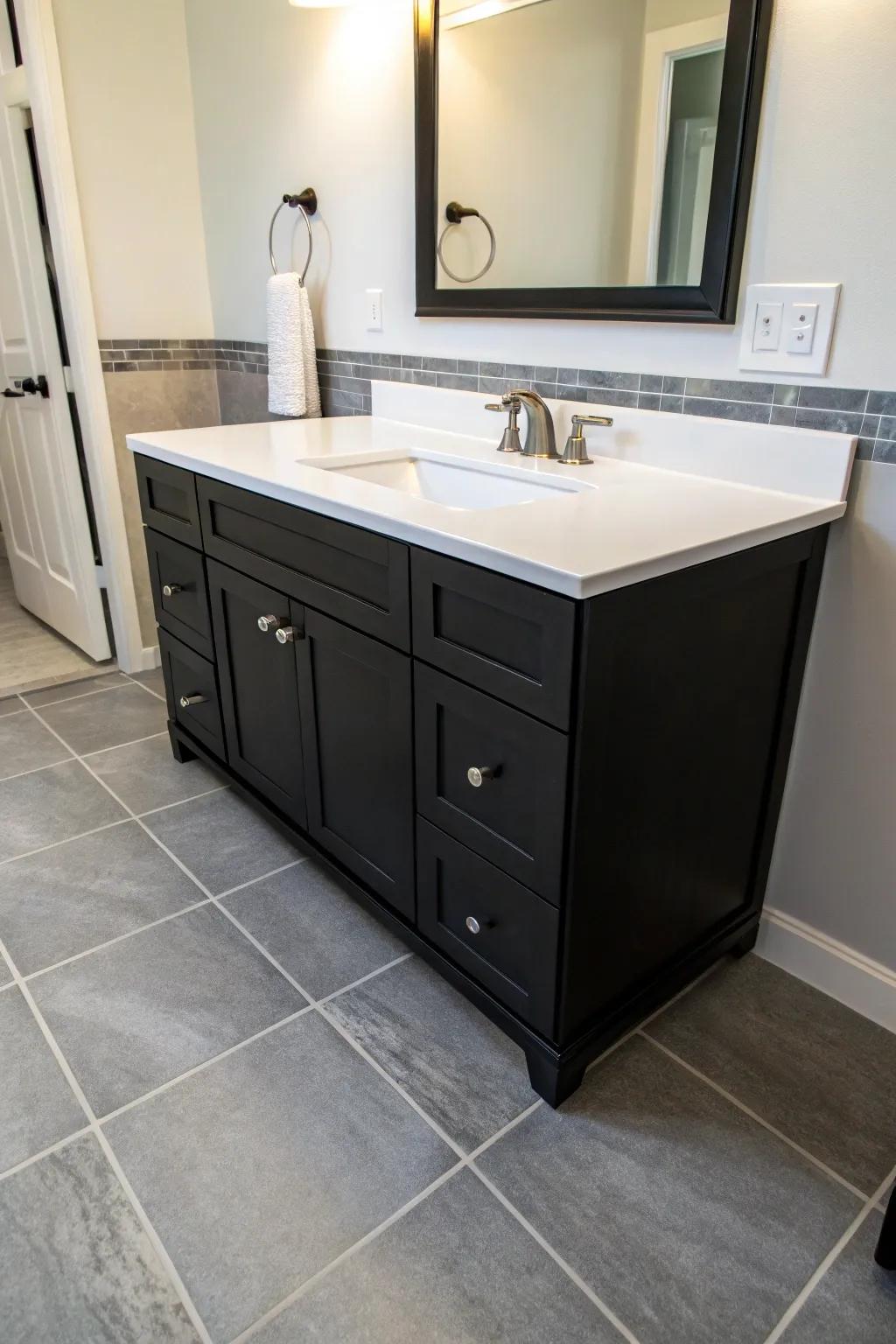 A dark structure with light surfaces creates a chic, balanced aesthetic.