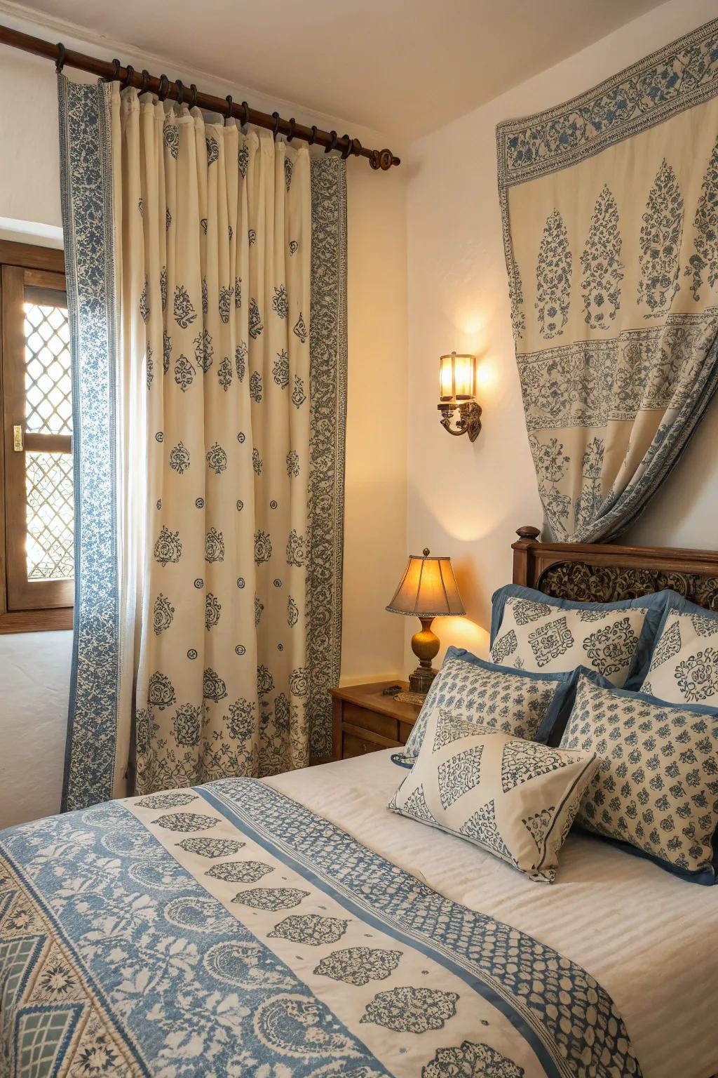 Patterned textiles in azure and sandstone enrich the space and inject depth.