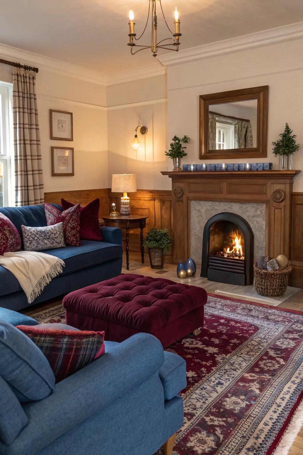 The hearth turns into a snug point of emphasis with encircling aesthetic elements of azure and crimson.