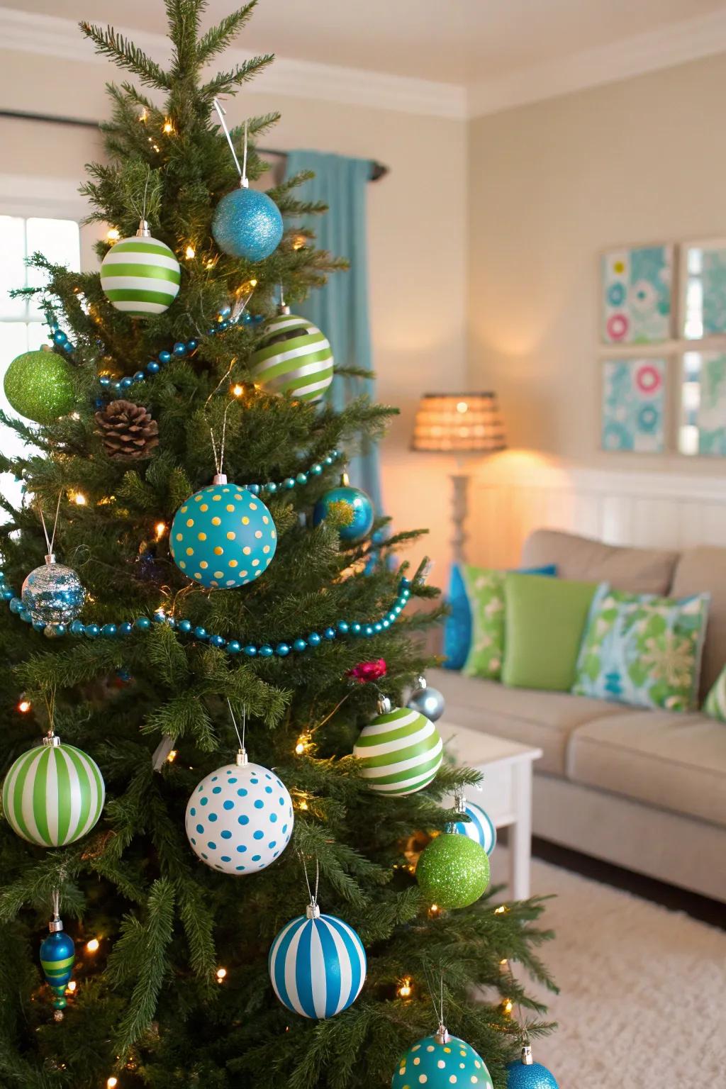 A playful and whimsical Christmas tree adorned with polka dots and stripes.