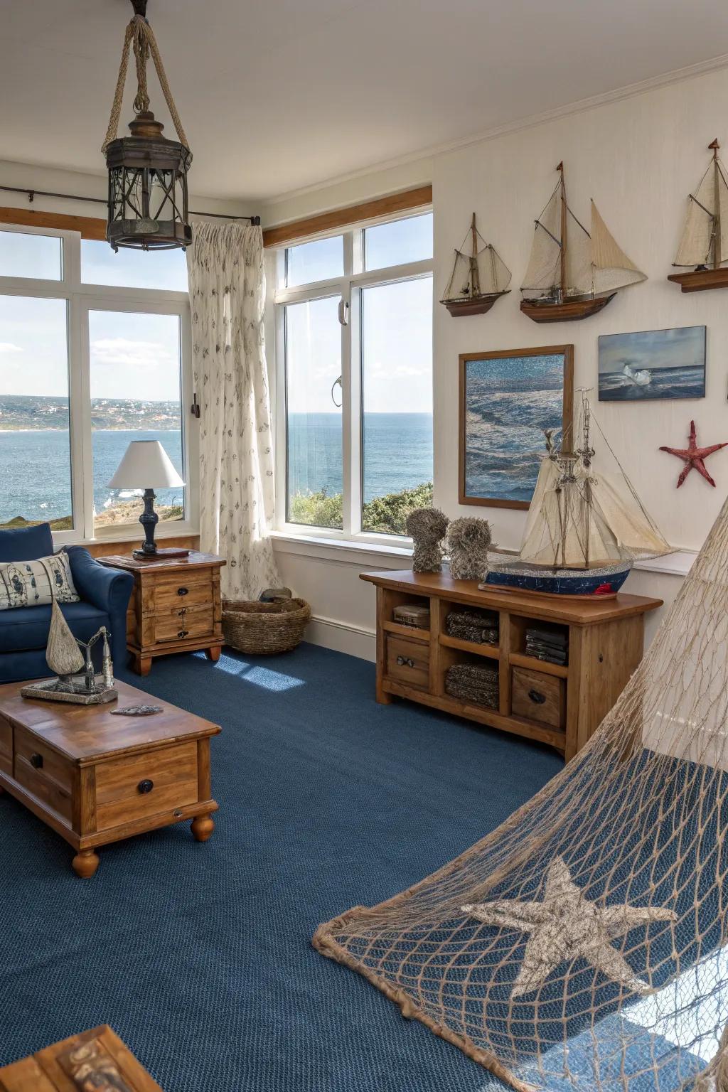 A coastal theme with blue carpet evokes a serene, beachy atmosphere.