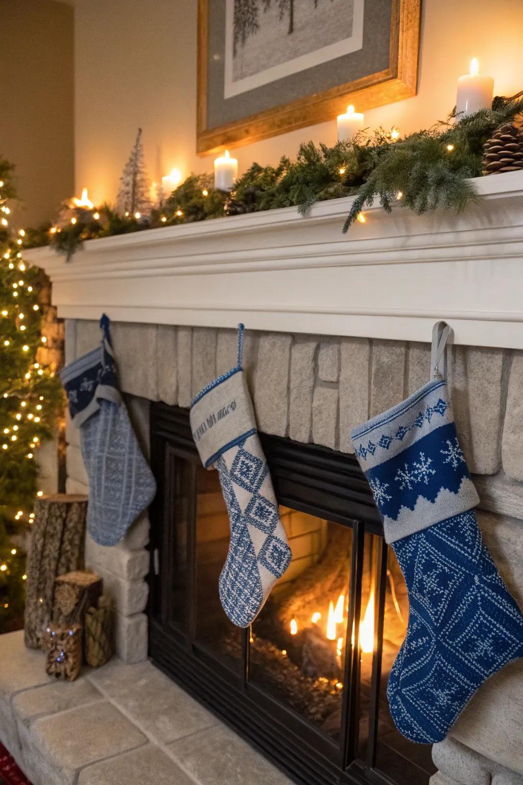Azure and argent hosiery contribute a cohesive nuance to holiday decor.