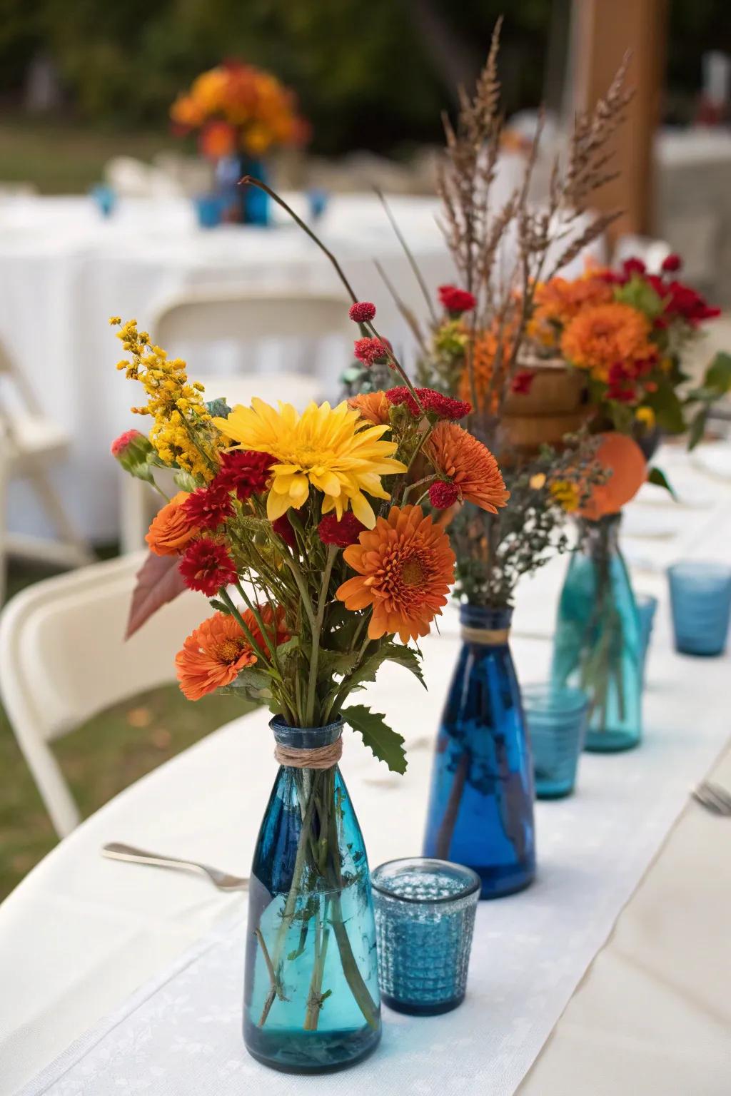 An elegant table centerpiece showcasing azure glass and autumnal florals.