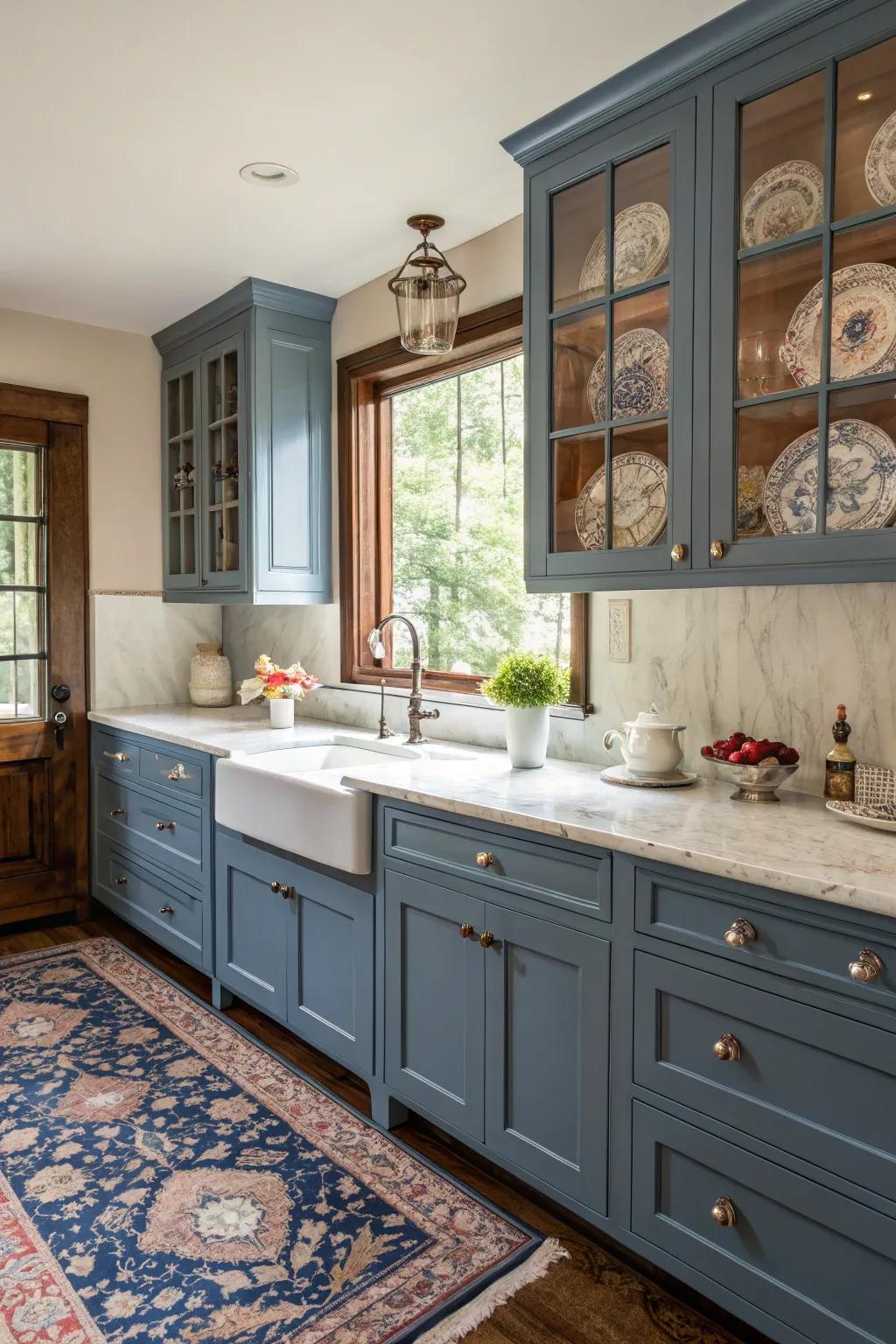 Shaker-styled azure cabinetry proposes enduring grace and versatility for any cooking space.
