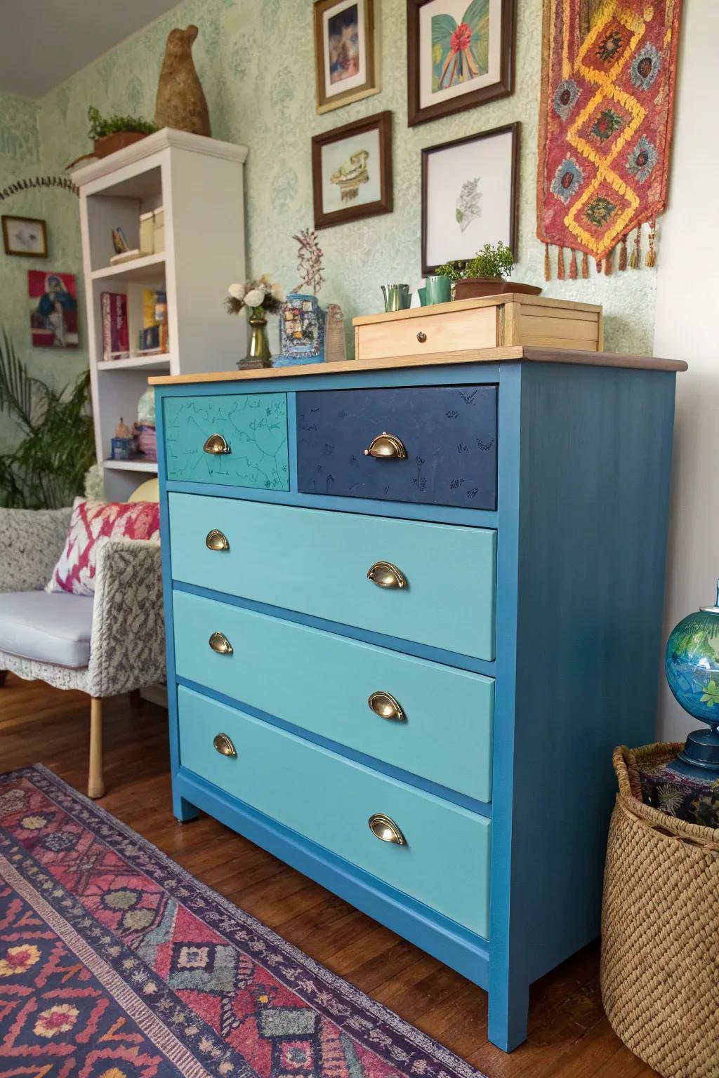A dresser with multi-shade blue drawers adding a whimsical touch.