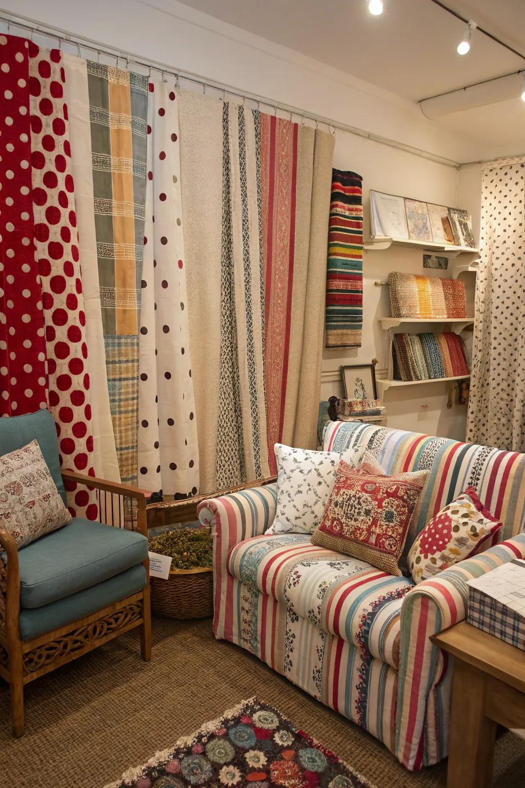 Blending designs in fabrics adds a playful touch to the blue theme.