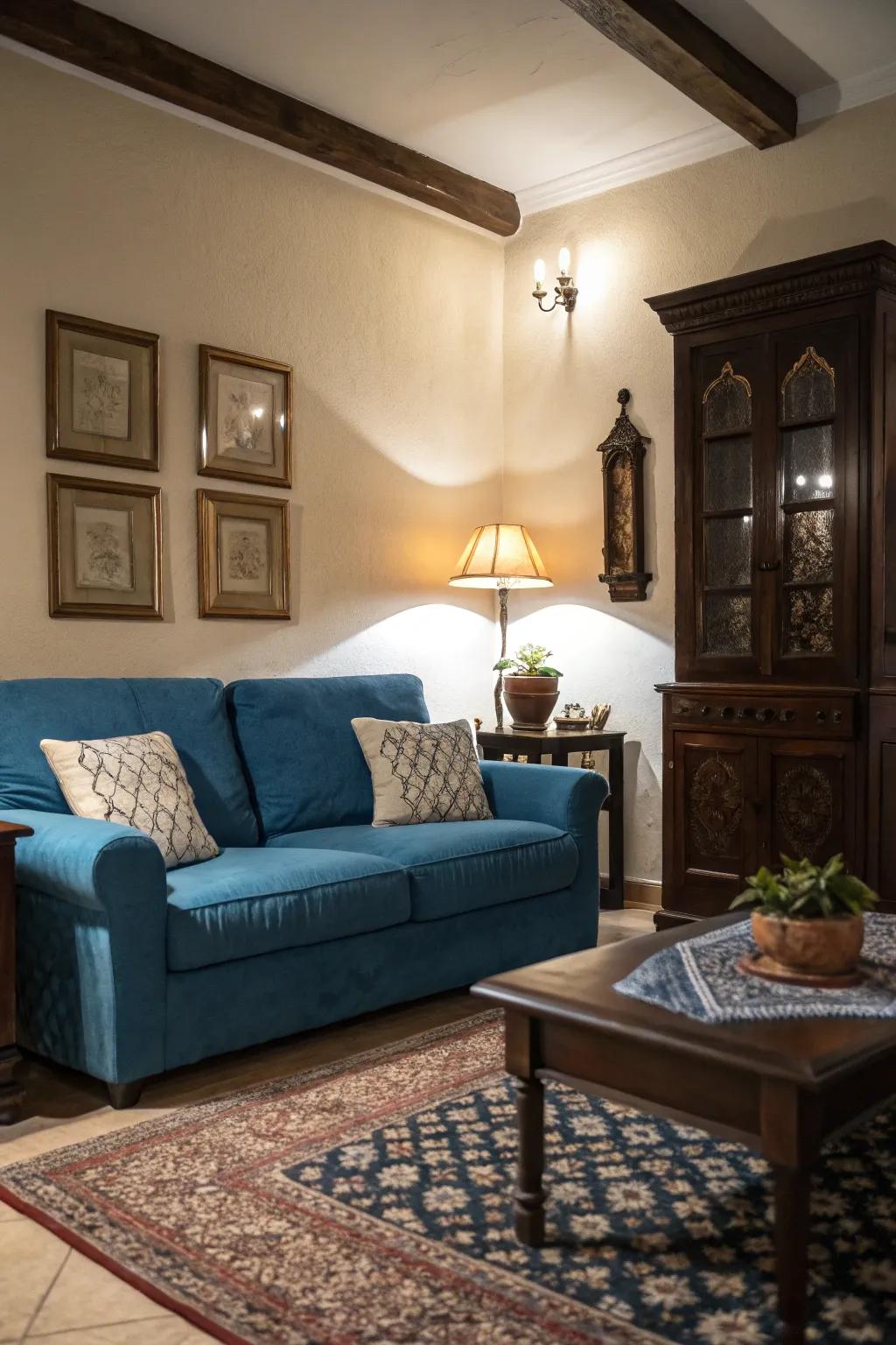 Dark wood contrasts beautifully with a sapphire loveseat.