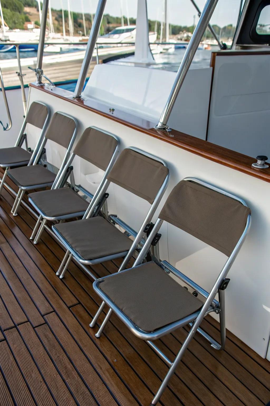Small folding chairs in a boat's interior.