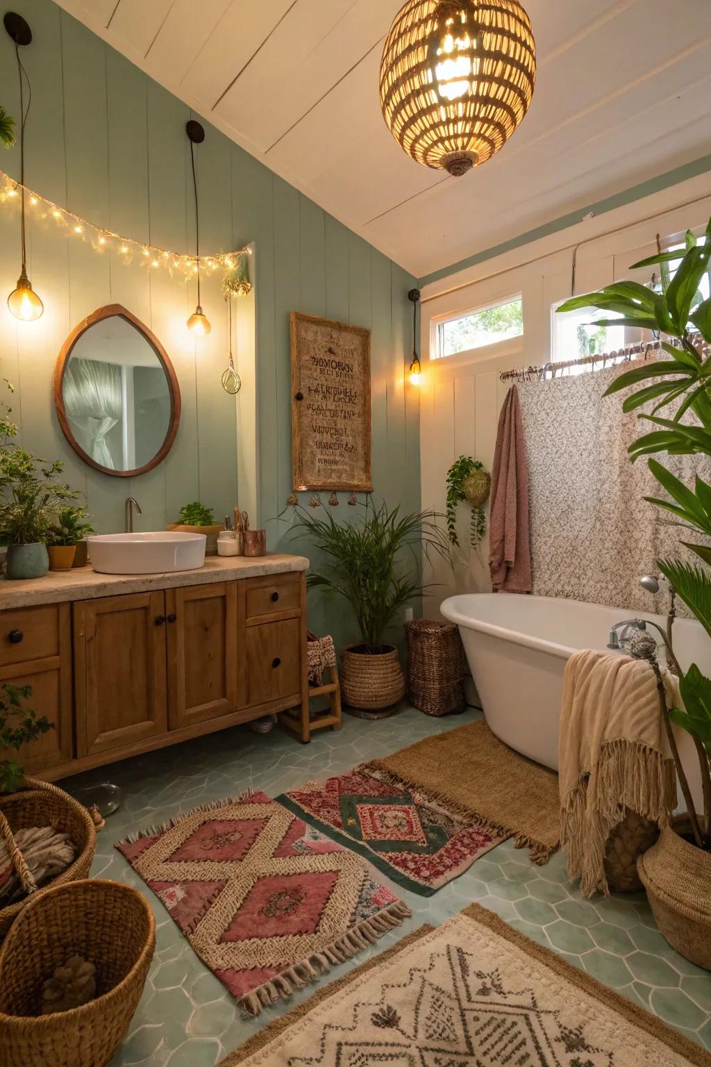 A comforting boho bathroom lit by warm suspended lights.