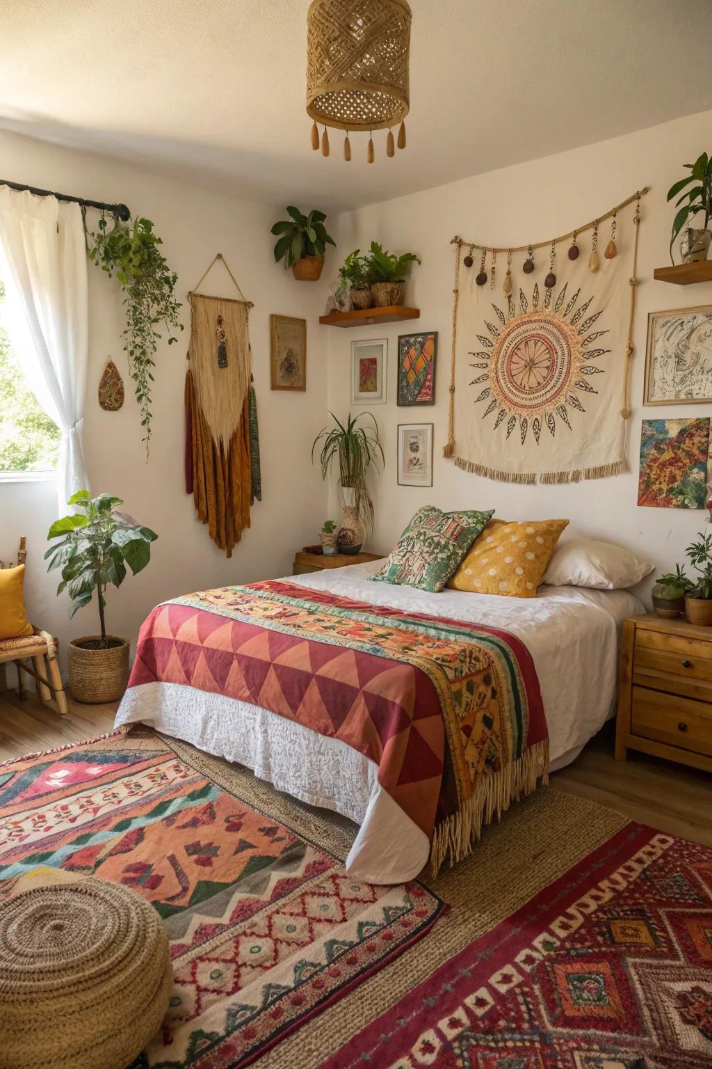 A boho bedroom with a handcrafted item.