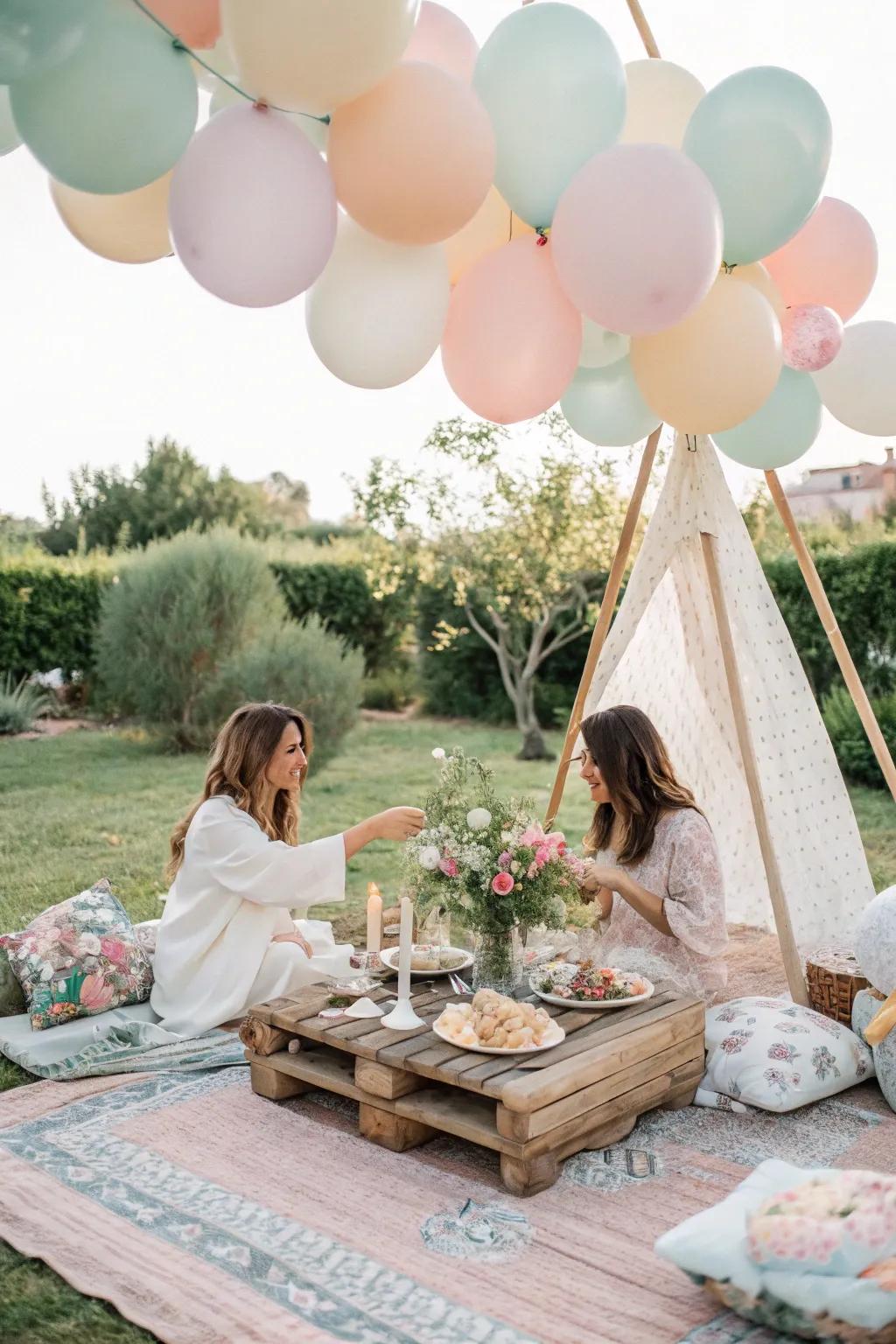 Whimsical balloons contribute a playful element to the boho brunch design.