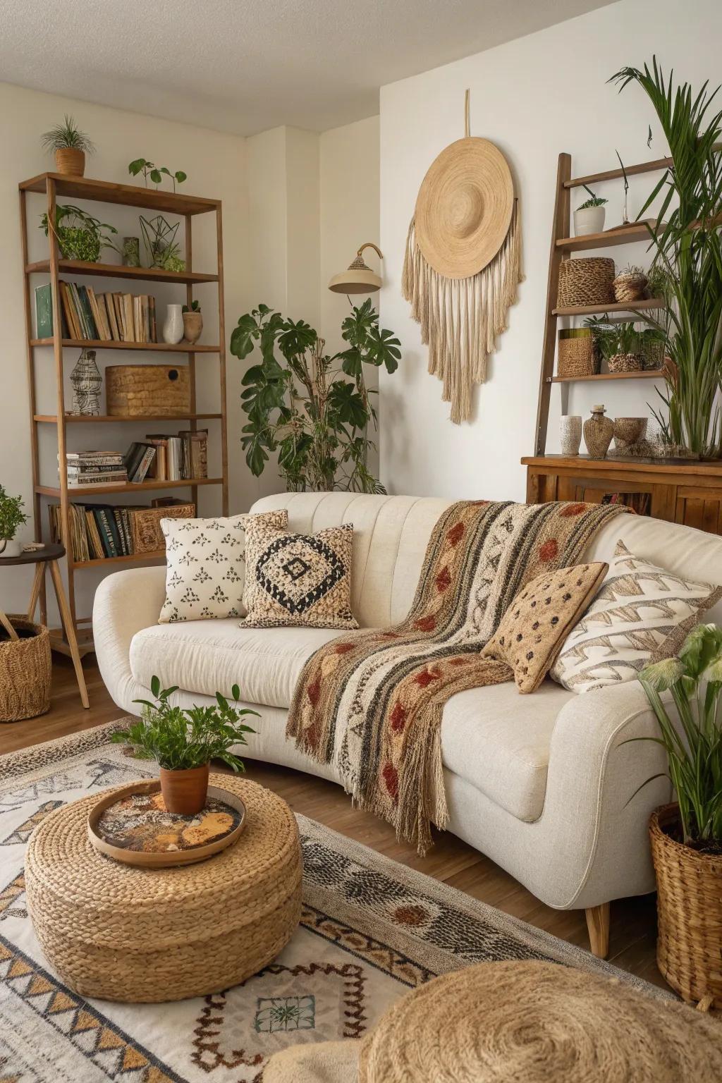 Organic silhouettes soften the bohemian living space.