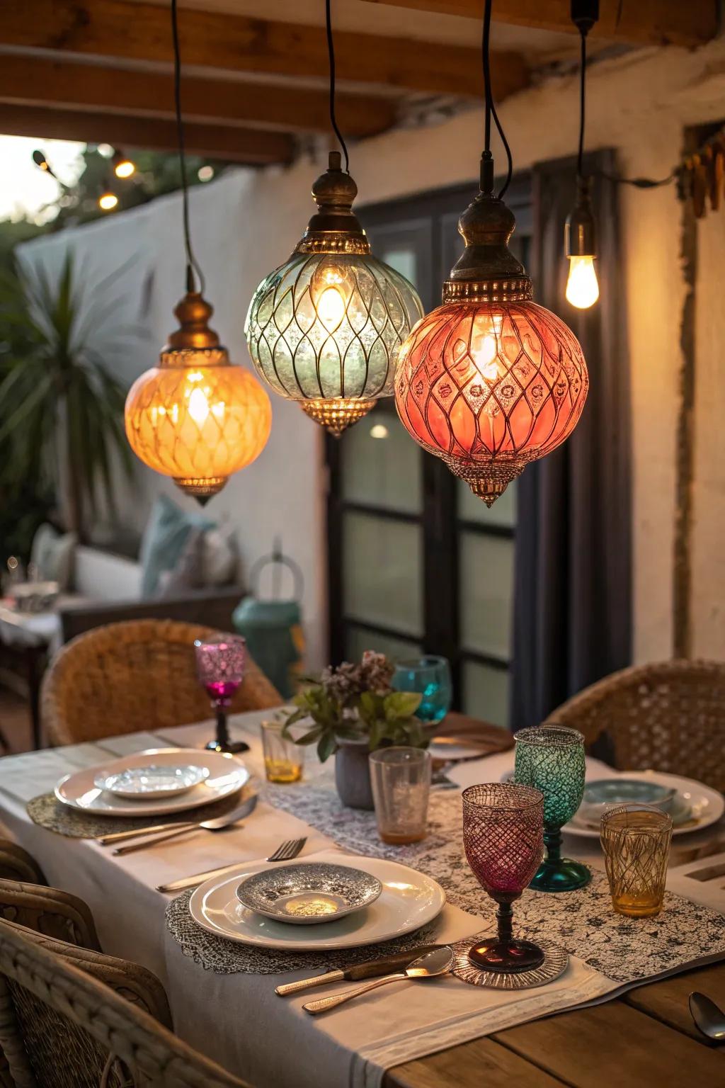 Tinted glass pendant lights crafting a lively mood in a dining area.