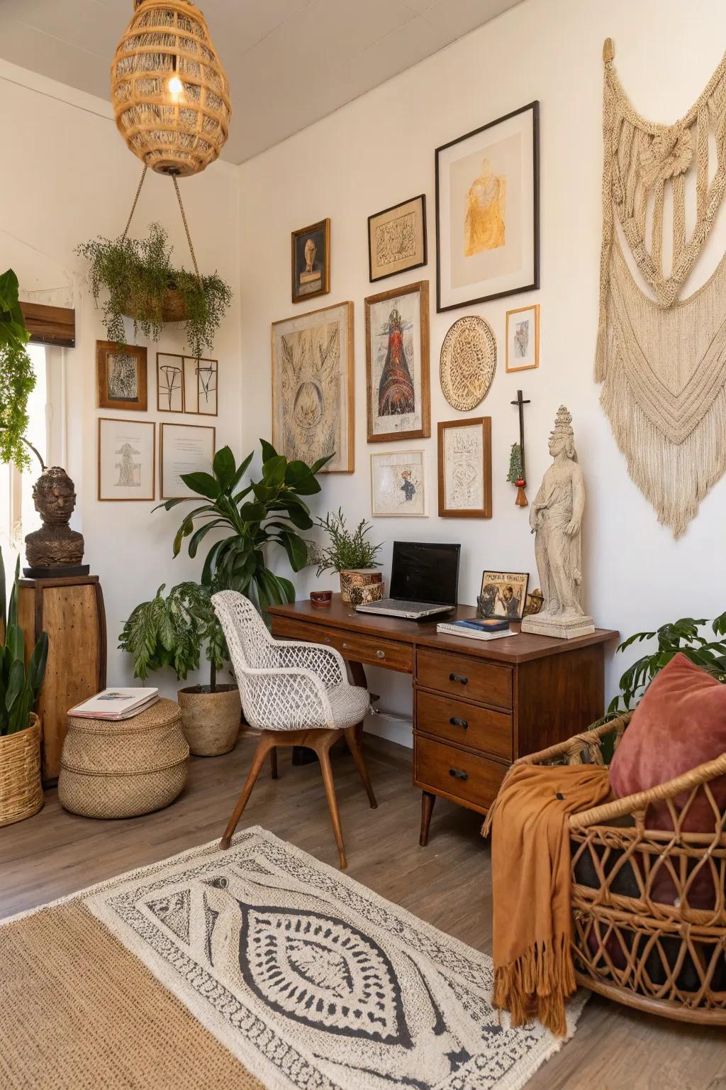 Eclectic decor items add a unique cultural touch to the office.