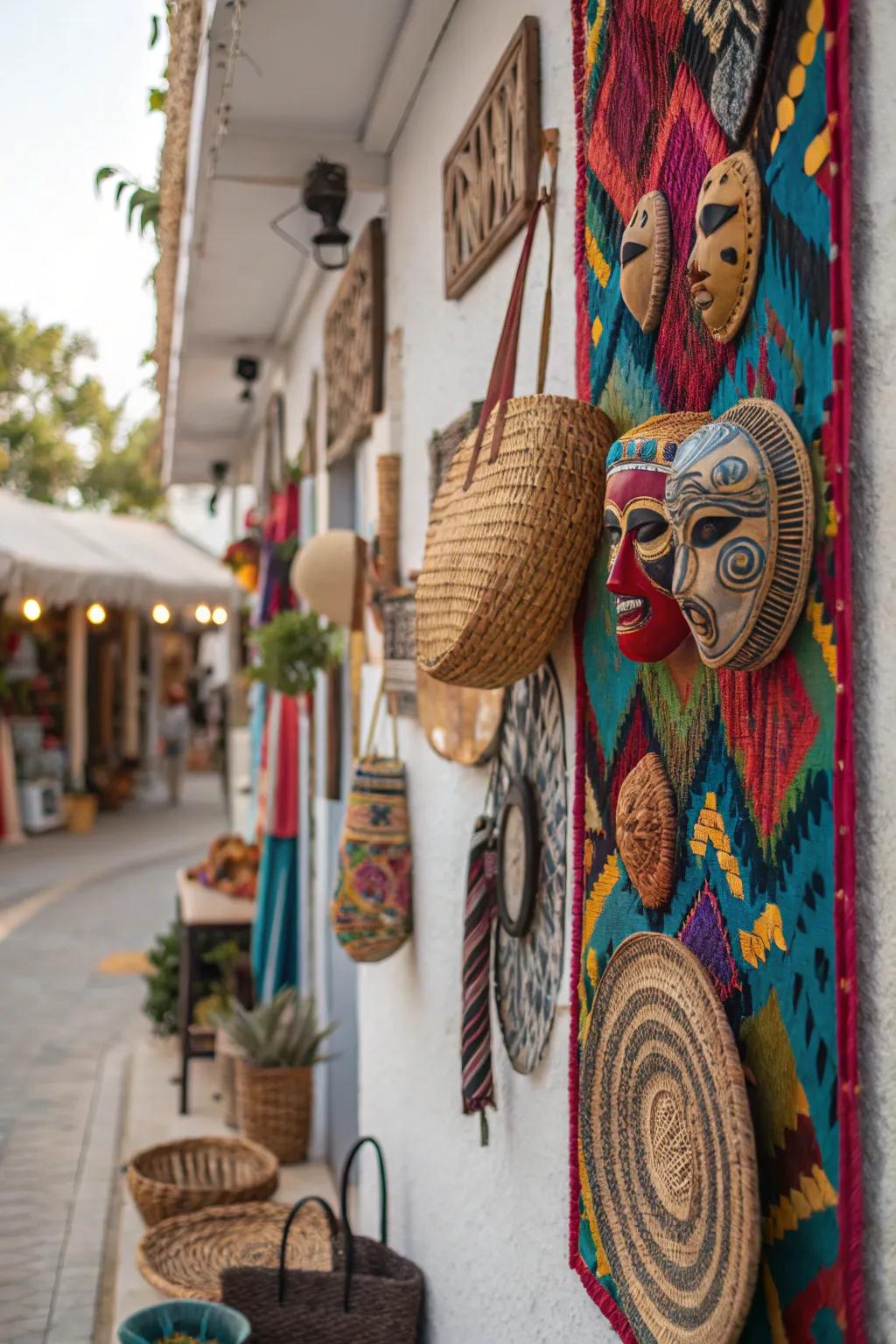 A boho wall showcasing travel mementos that provide an international and personal element.