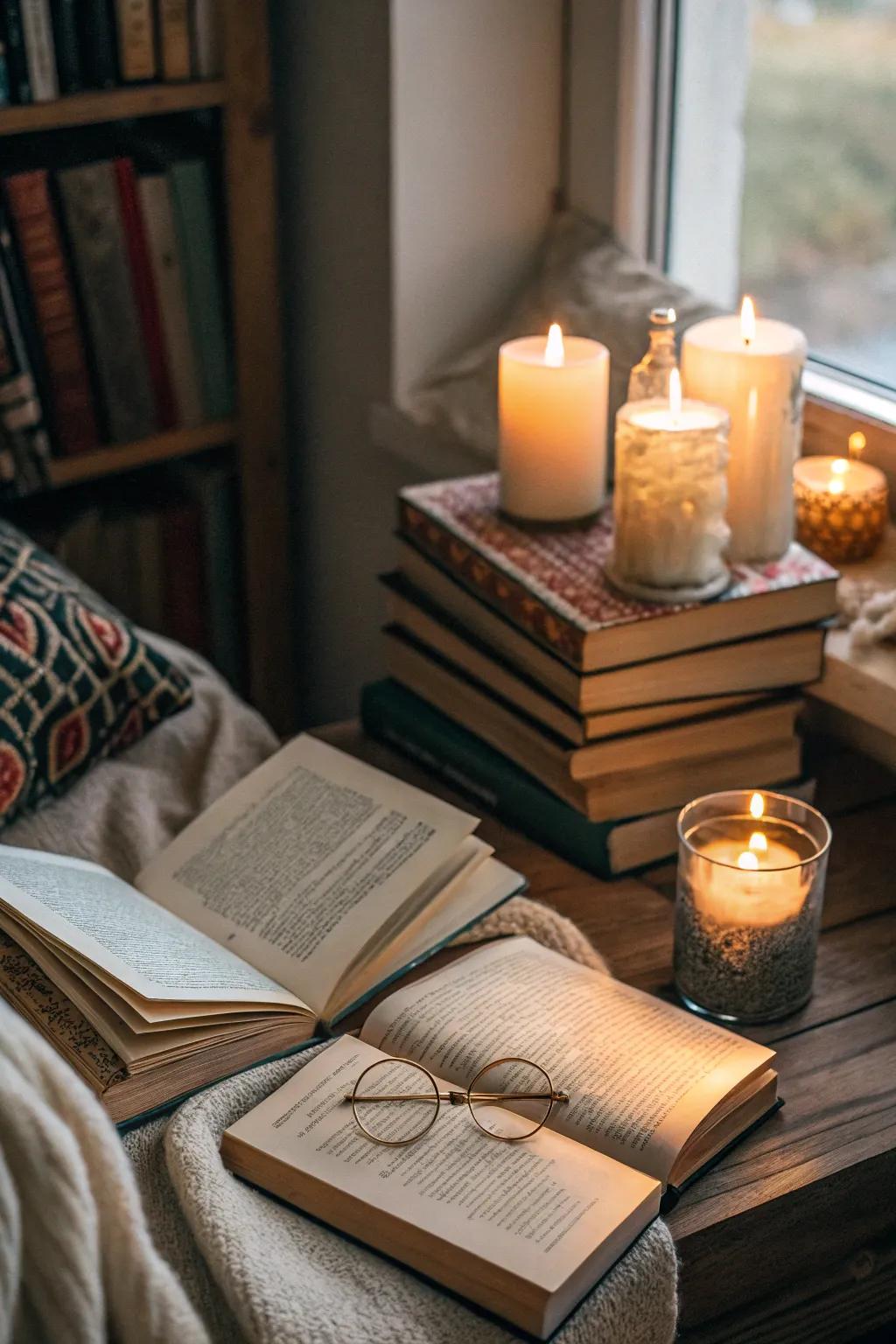 Luminary charm with books creating a cozy, inviting nook.