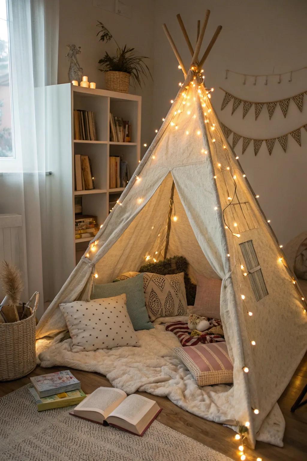 A teepee tent nook delivering a magical reading experience.