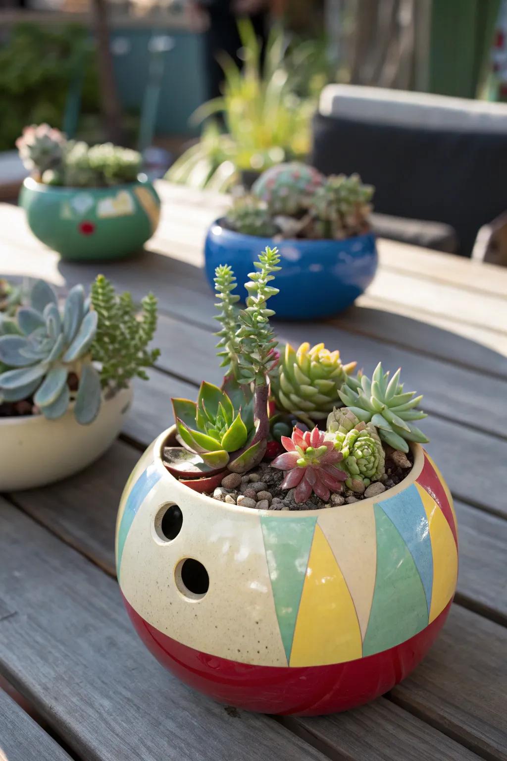 An offbeat bowling sphere planter centerpiece featuring succulents.