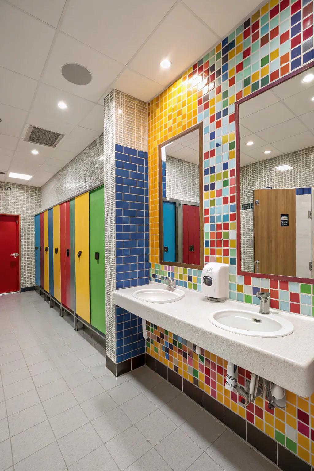 Vivid mosaic tiling adds vibrancy to a boys' bathroom.