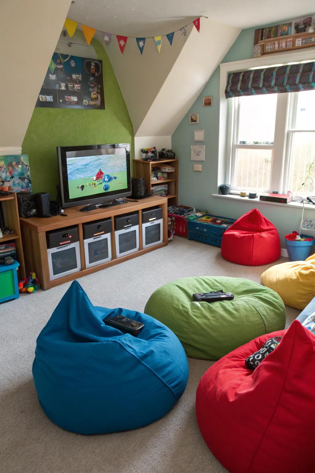 Bean bags in vibrant hues deliver a laid-back seating preference for gamers.