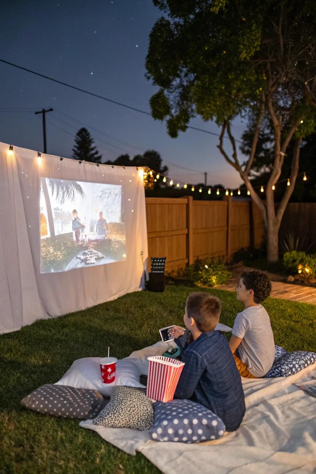 An open-air movie showing under the stars contributes magic to the sleepover.