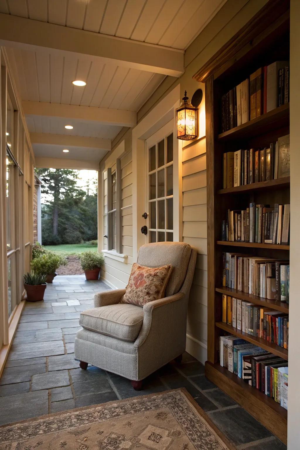A cozy reading nook in the breezeway, ideal for unwinding and escaping reality.