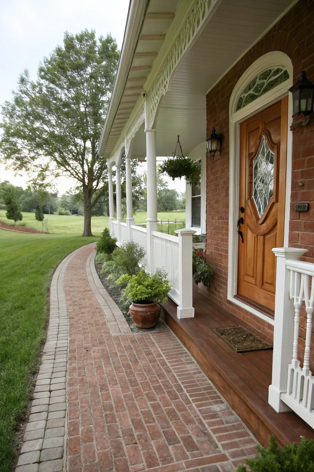 A brick path creates a seamless transition to this welcoming porch.