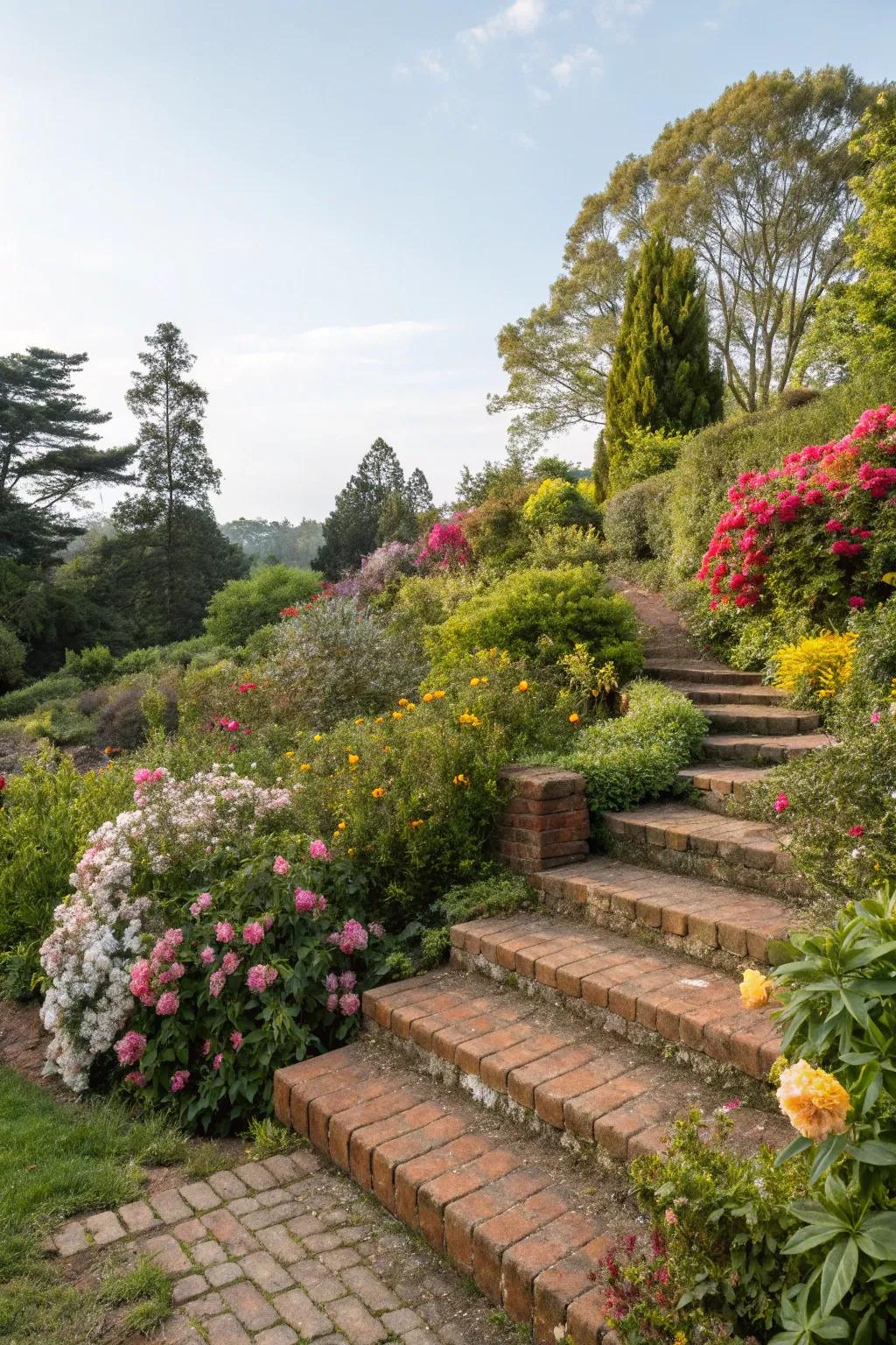 Brick steps harmoniously assimilated into a garden.