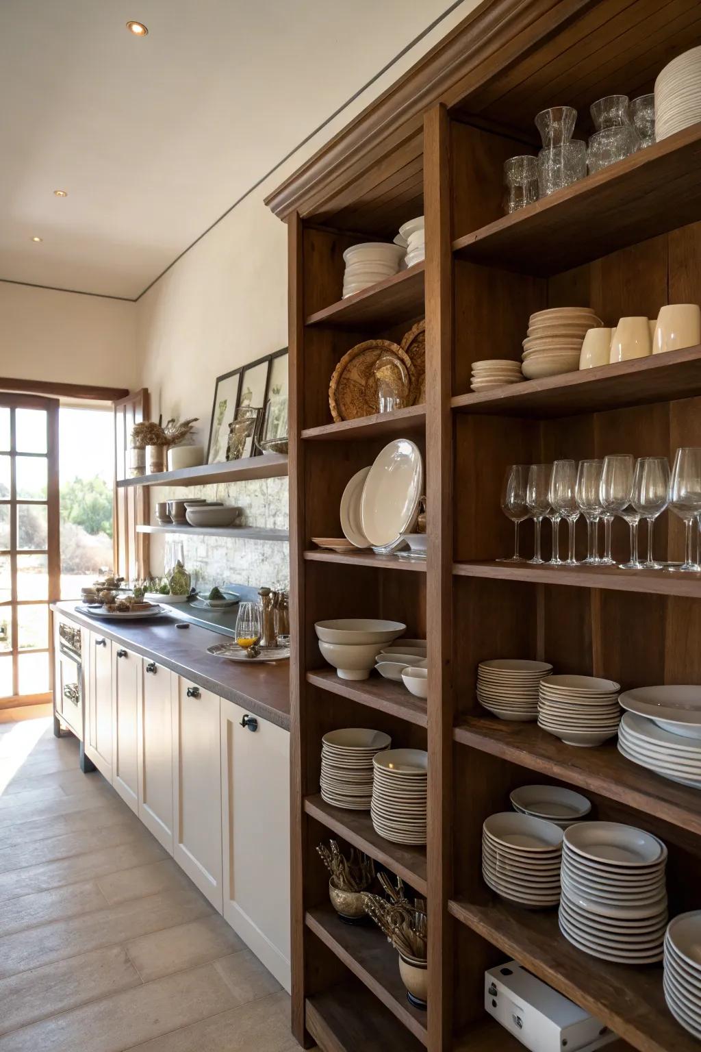 Unrestricted shelving in chocolate tones appends flair and utility.