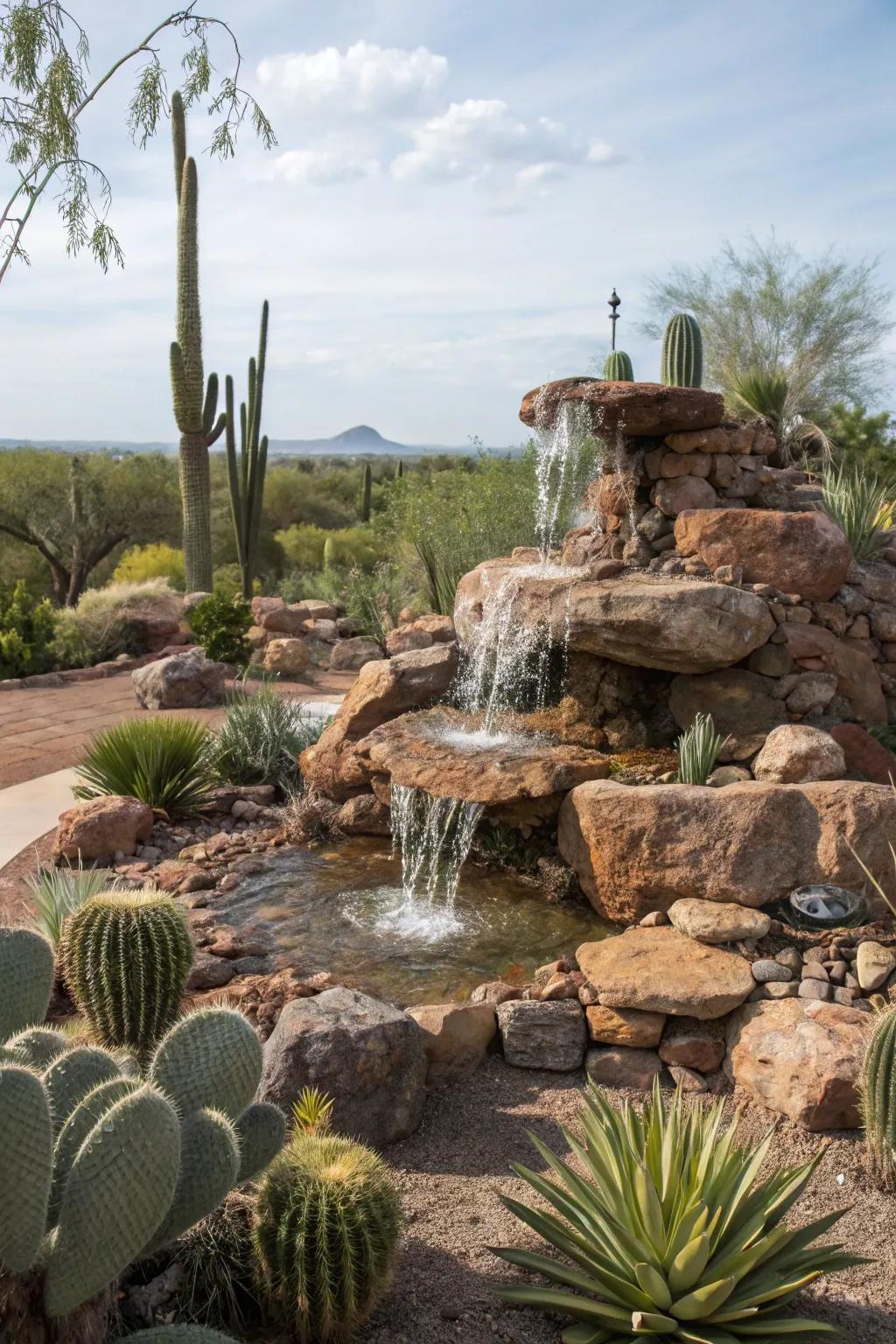 Desert flora creates a striking and effortless fountain setting.