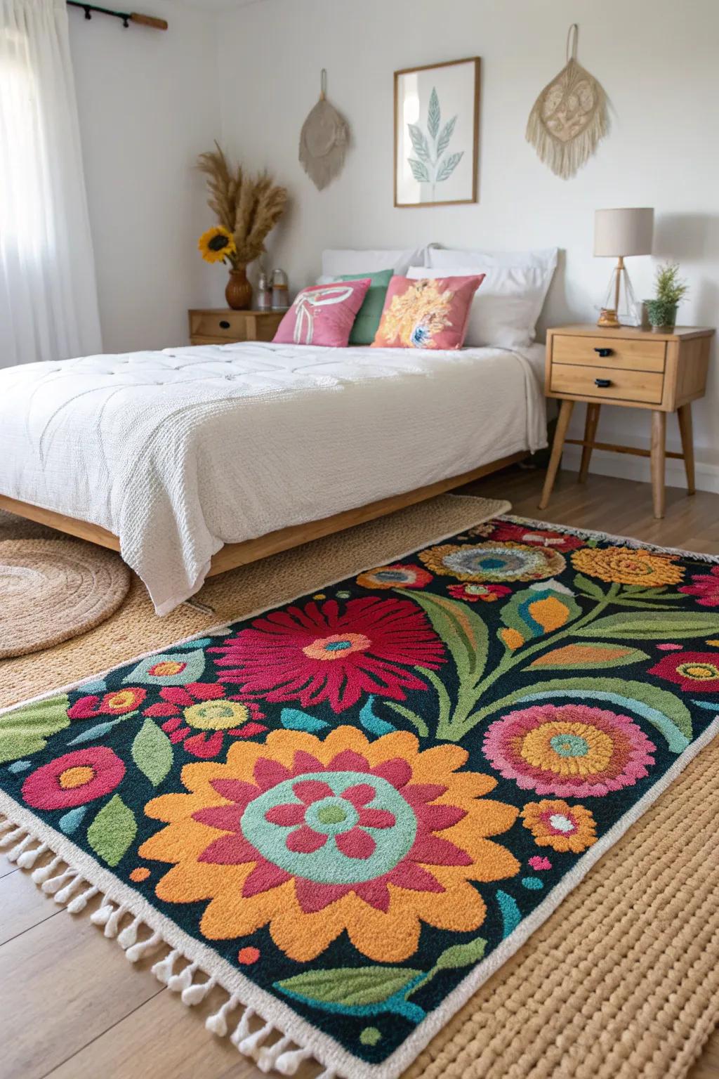 A vibrant rug contributes warmth and defines the bedroom area.