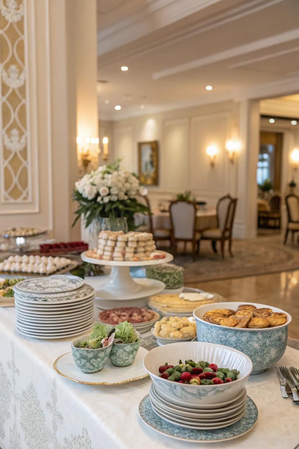 Ornate dishware refines your buffet presentation.